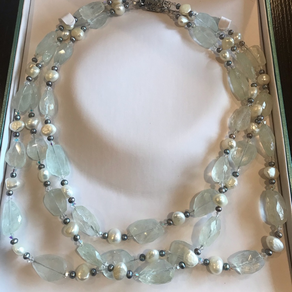 Silver White Green 3 Strand BeadedPearl Necklace